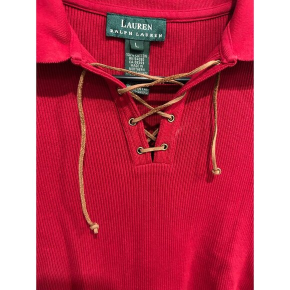 Lauren Ralph Lauren Long Sleeve Lace Up Polo Shirt Red Sz Large Cozy Knit Cotton - Picture 4 of 9
